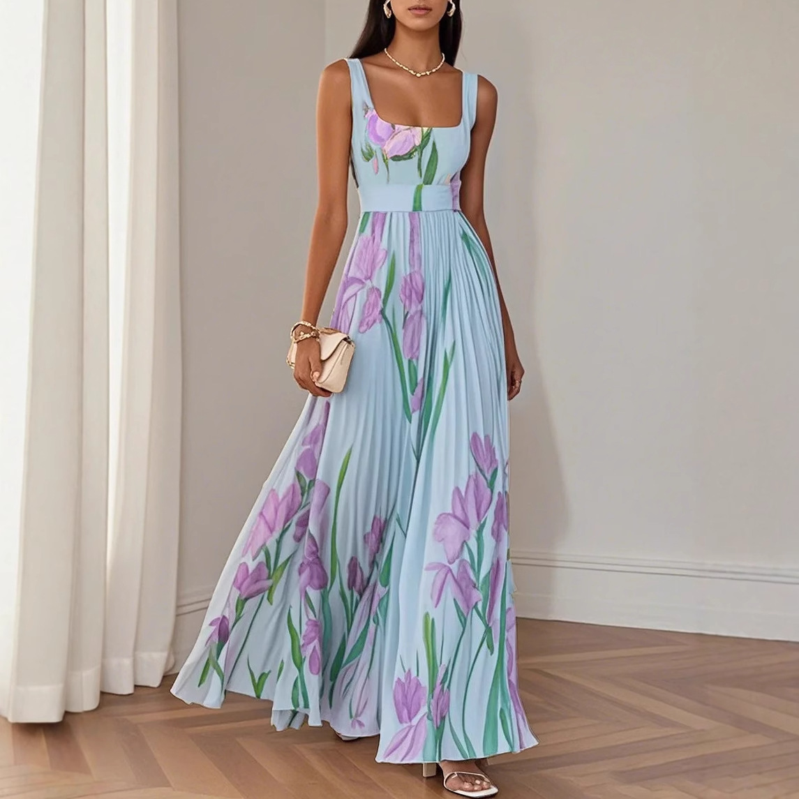 Robes pour femmes sexy à col carré, plissées, imprimées de fleurs, taille haute, longues, nouvelles robes d'été sans manches