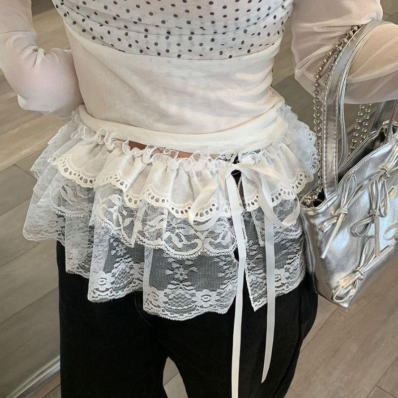 INS Lolita jupe courte Y2k blanc à volants une pièce ceinturée superposition dentelle jupe à lacets empilée jupe portefeuille jupe décorative superposée