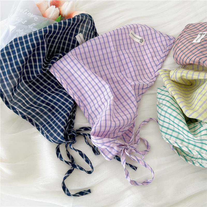 Écharpe Triangle en Coton et Lin pour Femme, Bandanas à Carreaux, Turban avec Sangle, Corde, Printemps, Été, Automne