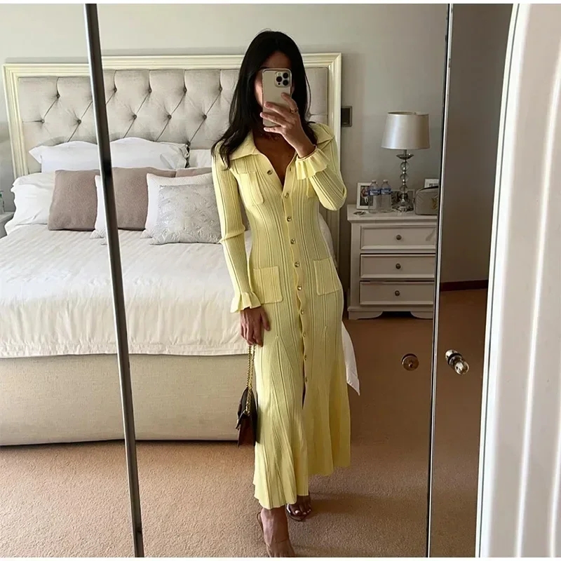 Robe tricotée d'hiver pour femmes, manches longues, volants, simple boutonnage, robes longues de fête, pull à la mode, nouvelle collection 2025