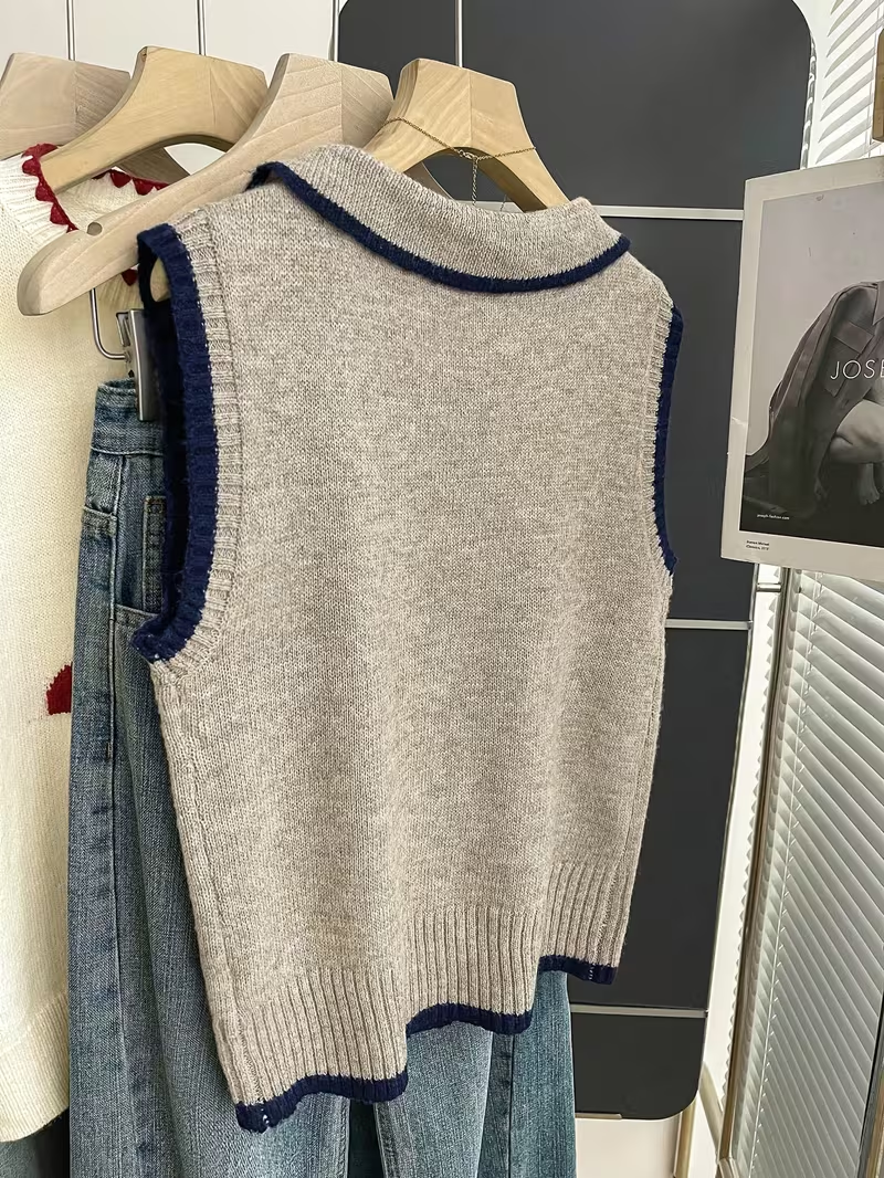 Gilet en tricot pour femme avec col polo, détails de passepoil contrastant, doux, polyvalent et facile à porter