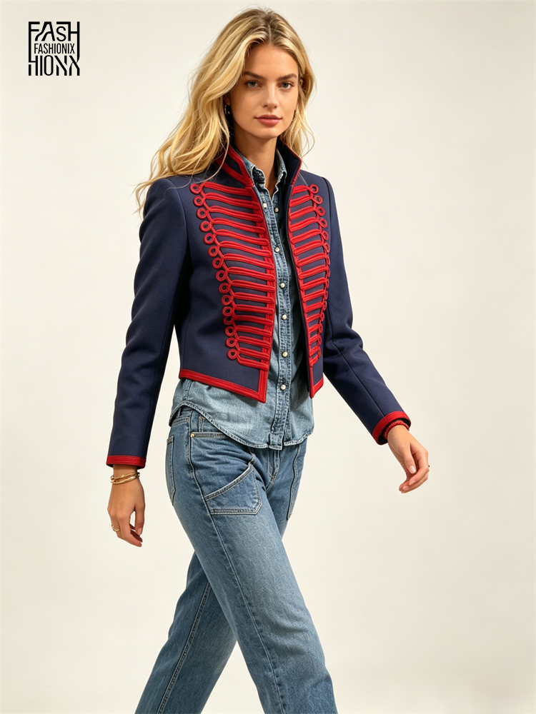Veste de style Napoléon pour femme, manteau court à col montant et bordure tressée, vêtement d'extérieur tendance pour le printemps, nouvelle collection