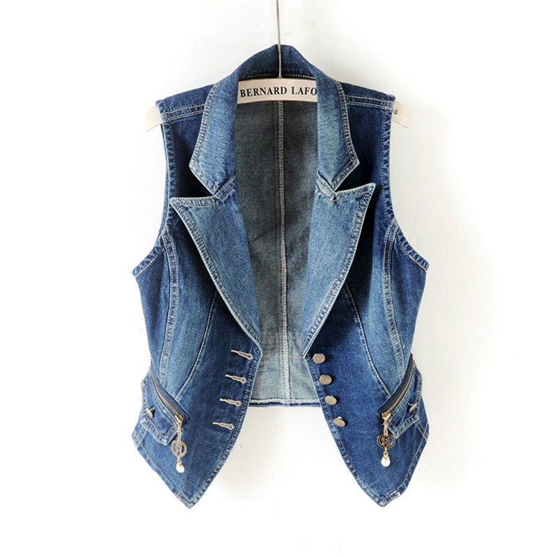 PTKPCC décontracté femme hauts femmes Denim gilet veste printemps automne vêtements sans manches court jean gilets simple boutonnage 5XL