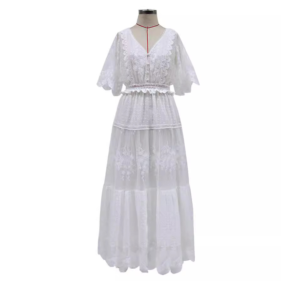 Robe femme blanc évider coton robe d'été dentelle sans manches longue épissage été fête élégante soirée femme jupe vêtements