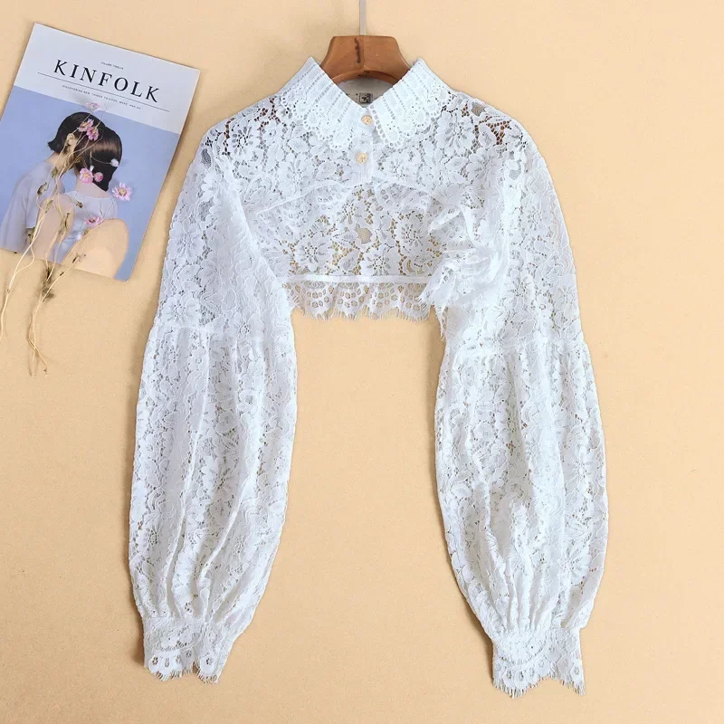 Pull à manches longues en dentelle pour femmes, col boléro, haut court à boutons, chemise en tricot sans Tube, Cardigan court ouvert sur le devant