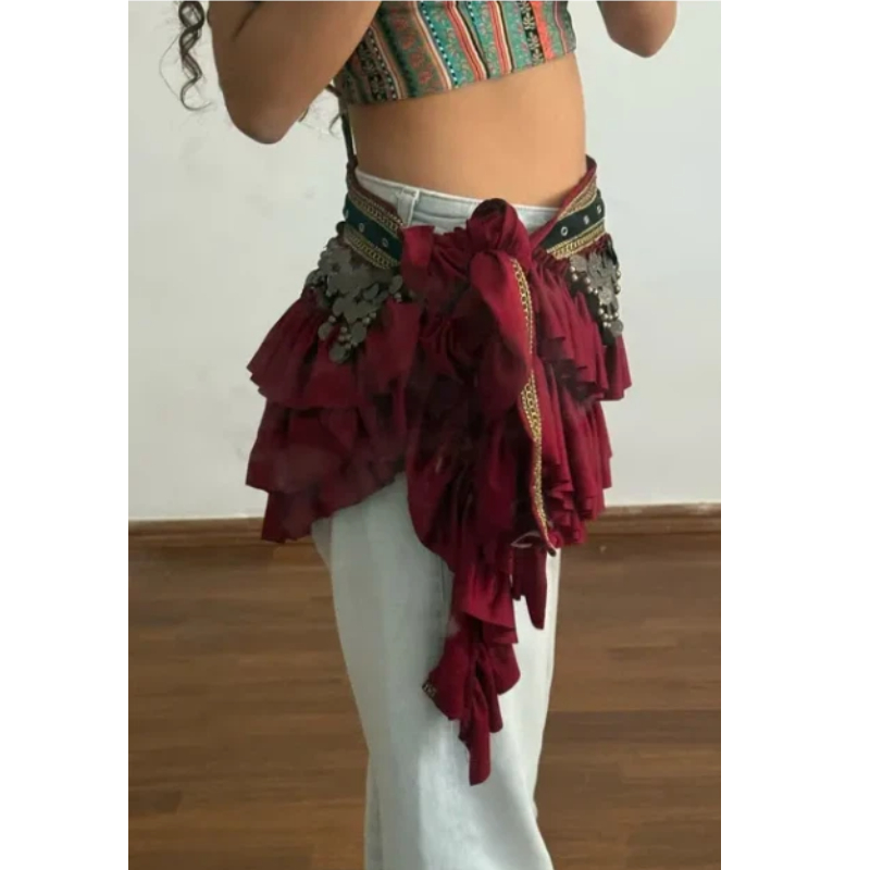 Écharpe de danse du ventre pour femmes avec pièces de monnaie en cuivre, style tribal, vintage, ceinture en satin, extra longue, costume arabe de luxe, photographie