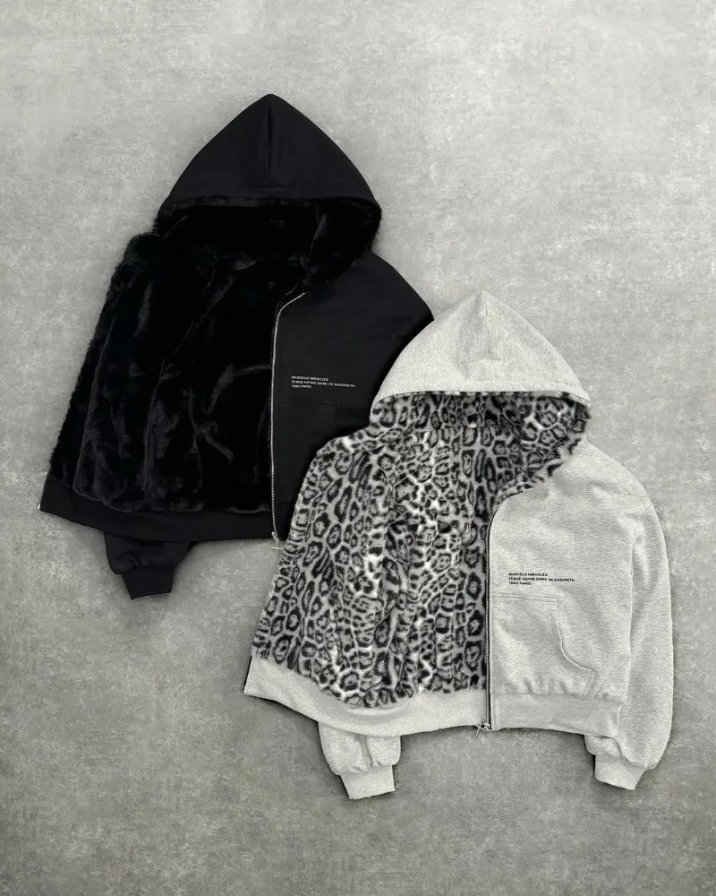 Hip-hop nouveaux vêtements double face Harajuku rétro imprimé léopard à la mode ample sweat à capuche avec fermeture éclair hommes rue sweat-shirt décontracté femmes
