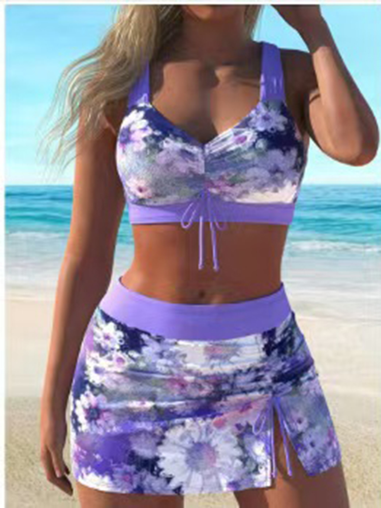 Ensemble de maillots de bain sexy pour femmes, bikinis froncés deux pièces, jupe de plage imprimée, maillots de bain féminins tendance, vêtements de plage