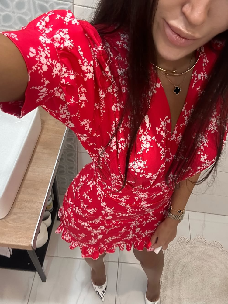 Robe Courte Femme Imprimé Floral Rose Col V Manches Bouffantes Ceinture Ourlet Volanté Robes Décontractées Été 2026 Tenues de Vacances pour Femme