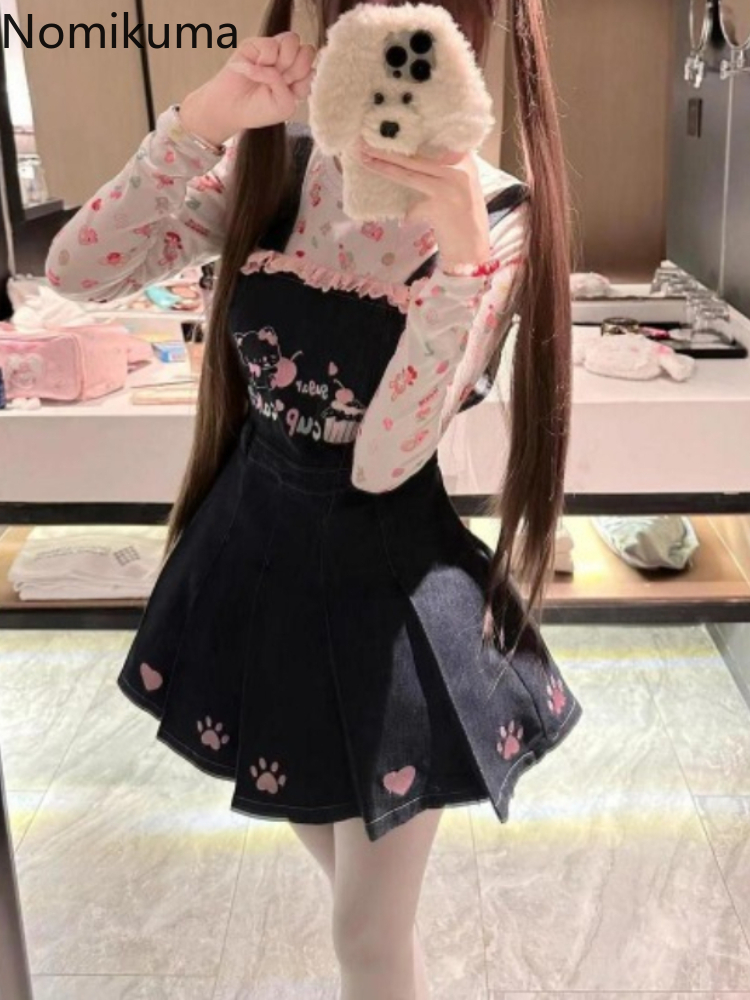 Vêtements japonais pour femmes, tenue douce, ensemble 2 pièces, col rond imprimé, t-shirt à manches longues, taille Slim, robes plissées, costume doux