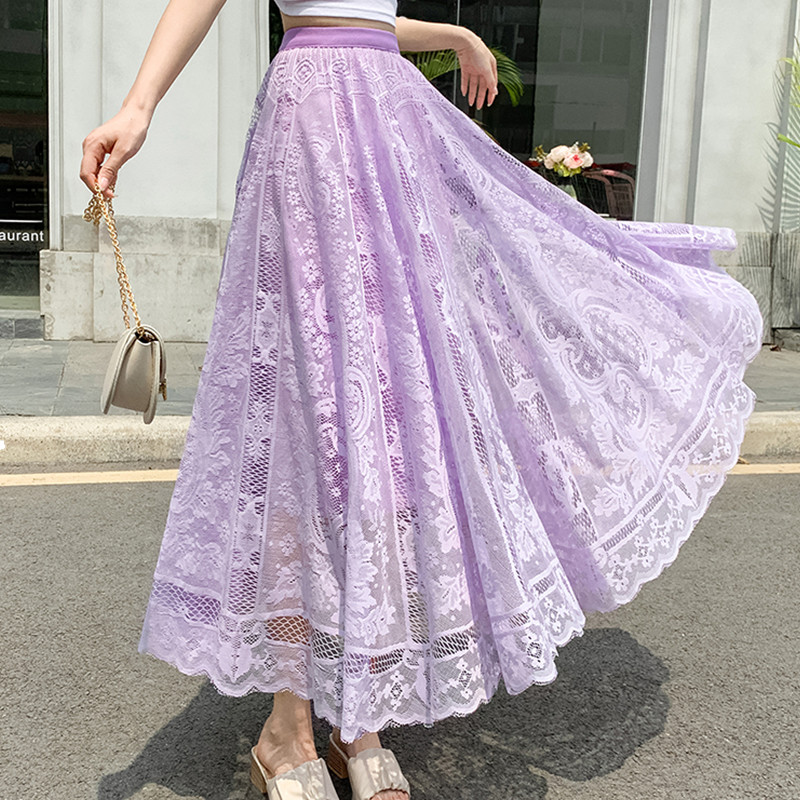 Jupes longues Maxi pour femmes printemps été coréen mignon Style princesse élastique taille haute a-ligne jupe en dentelle florale blanc noir