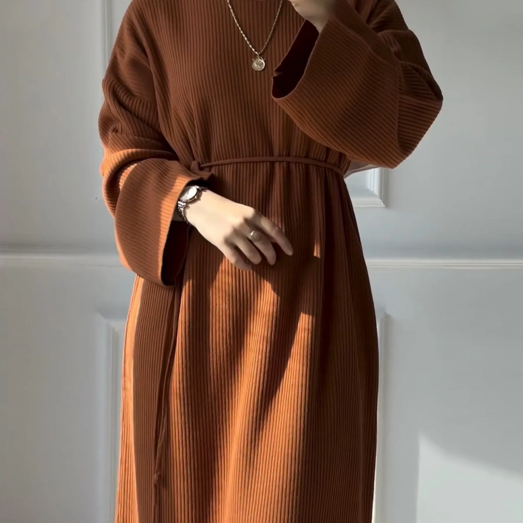 Eid femmes robes tricot ceintures Ramadan marocain automne hiver musulman Abayas caftan pull robes Jalabiya dubaï longue Robe