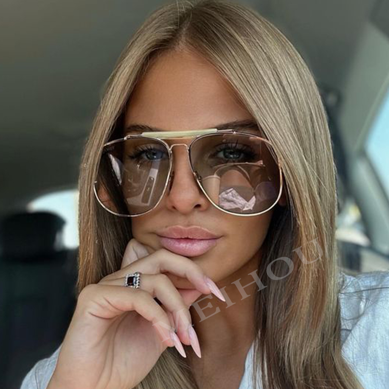 Lunettes de soleil pilote à monture métallique pour femmes, Double pont, Champagne, luxe, carrées, claires, surdimensionnées