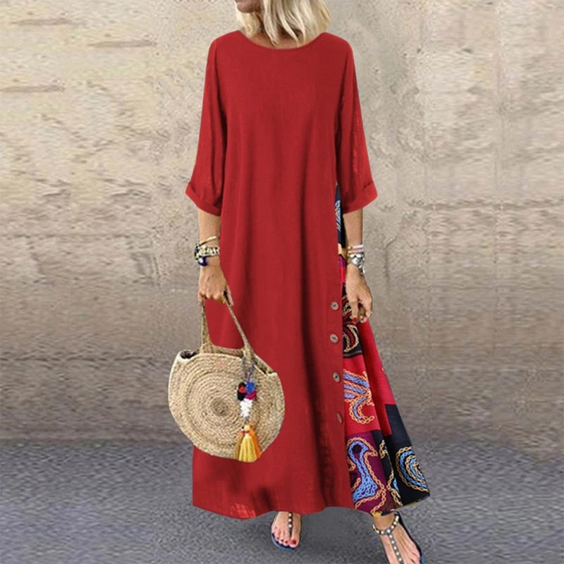 Robe longue Vintage en coton et lin pour femmes, manches trois quarts, imprimé épissé, ample, ligne a, mode décontractée, Maxi