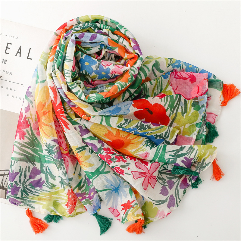 Écharpe imprimée plante tropicale, châle fin et respirant de style élégant avec glands, serviette de plage coupe-vent de protection solaire d'été pour femmes