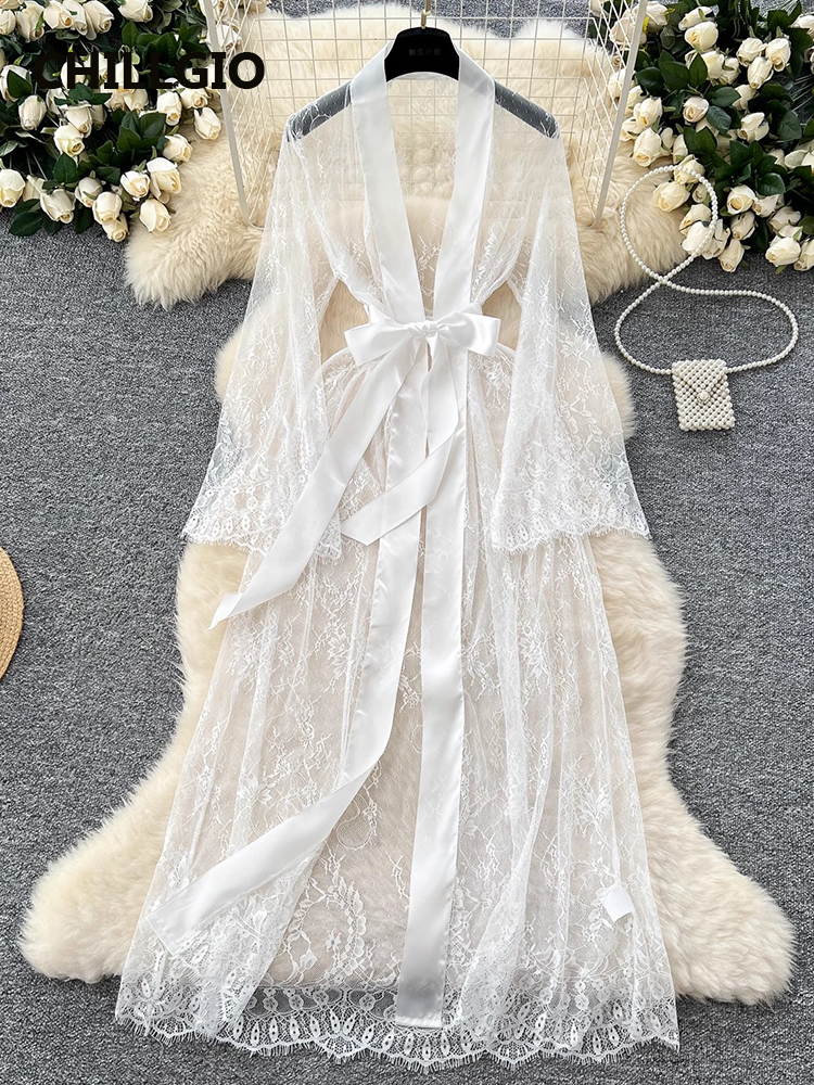 MiniInTheBox LGIO-Robe longue en dentelle transparente pour femme, tentation, chemise de nuit sexy à lacets, nœud, taille haute, robe adulte, robe de luxe élégante
