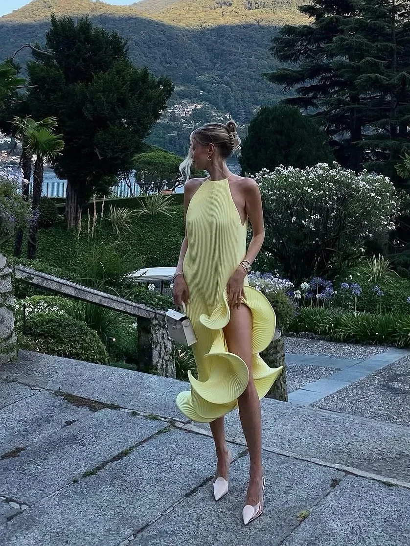 Robe Midi Élégante Sexy à Col Halter, Volants, Plis et Fente, Robes de Soirée, Jaune, Rose, Bleu, Nouveauté Été, Cocktail, Vacances