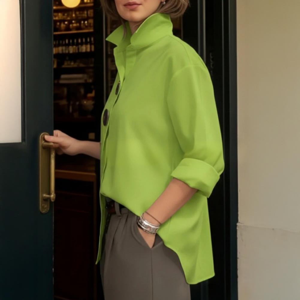Chemisier d'été pour femme à col revers, manches longues, coupe ample, boutons métalliques, couleur unie, pour le travail, les fêtes et les tenues décontractées