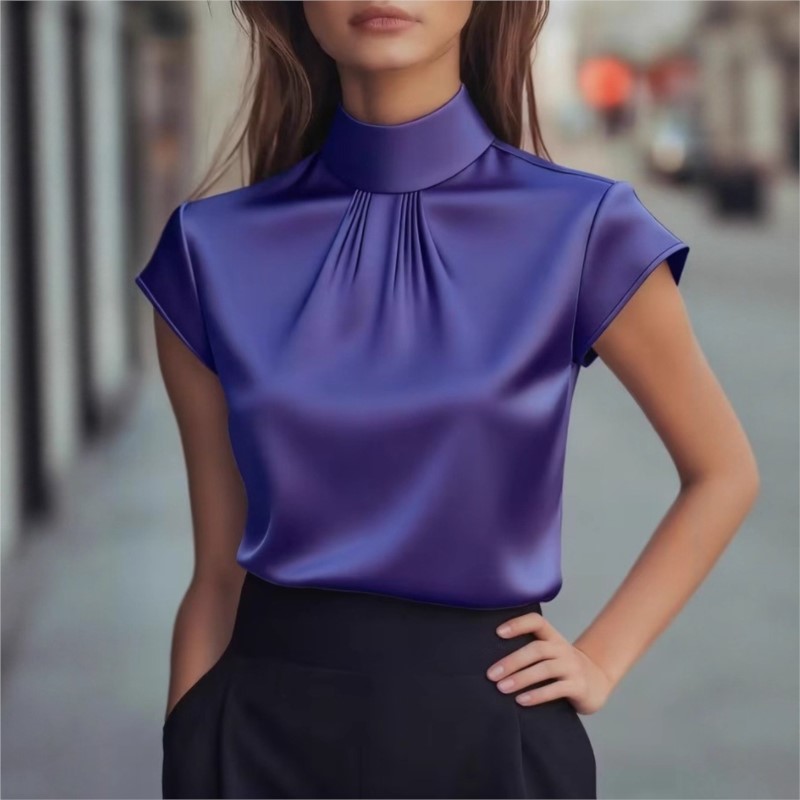 Nouvelle Blouse Élégante Femme Printemps/Été Couleur Unie Col Rond Manches Courtes Ample pour le Bureau