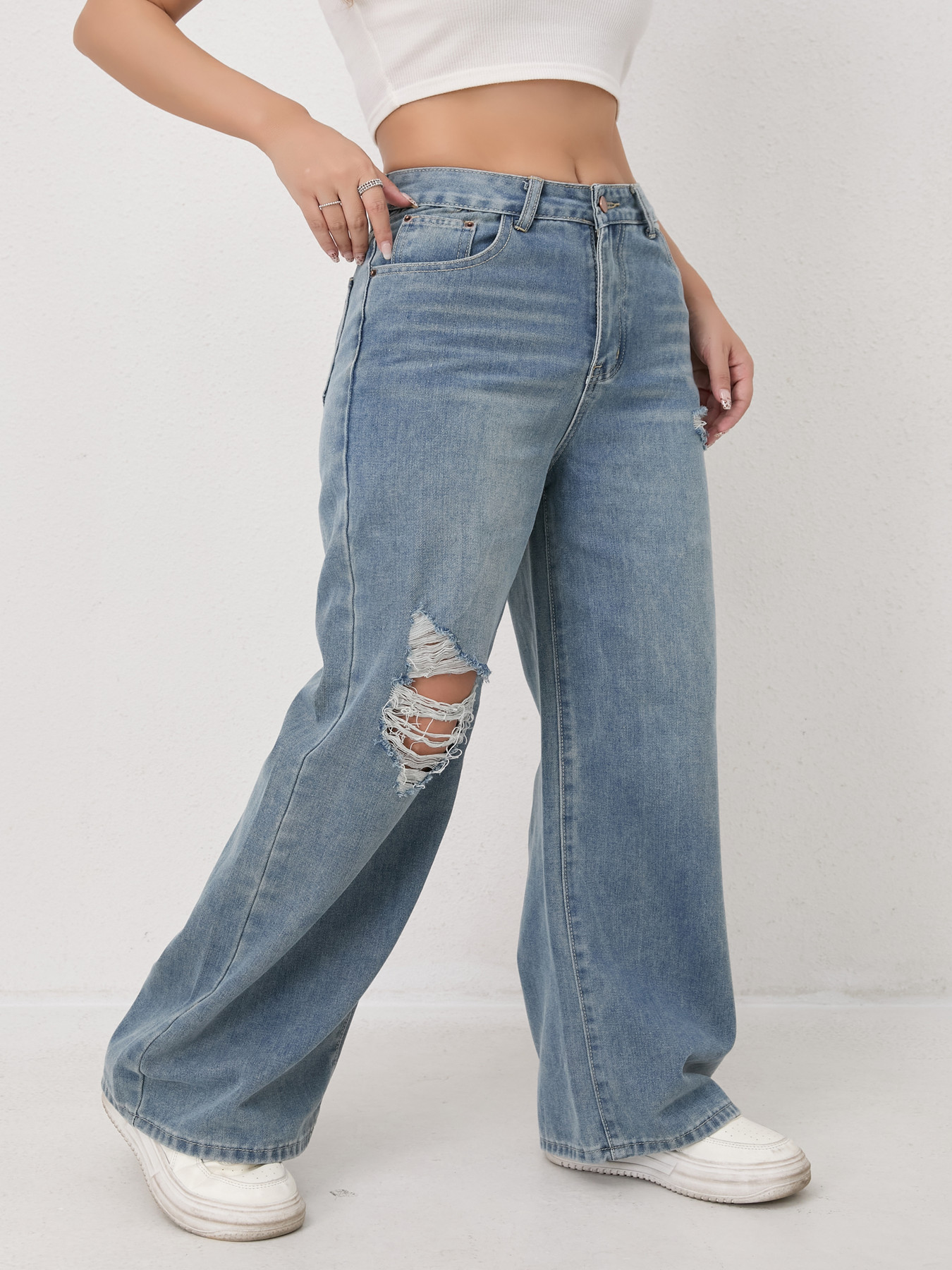 Jean femme 2026 nouveauté coupe ample décontracté taille haute Y2K jambe large déchiré pantalon en Denim régulier à la mode Vintage Strety Ve