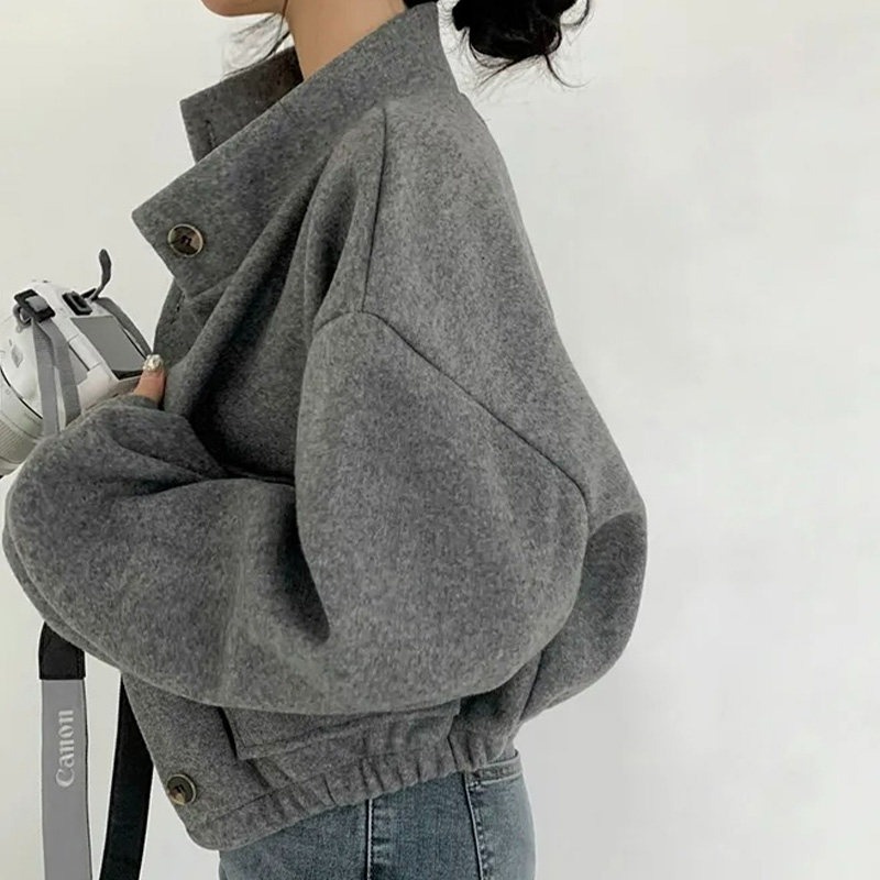 Manteau court en laine coréen pour femme, col montant, simple boutonnage, coupe ample, décontracté, minimaliste, veste élégante