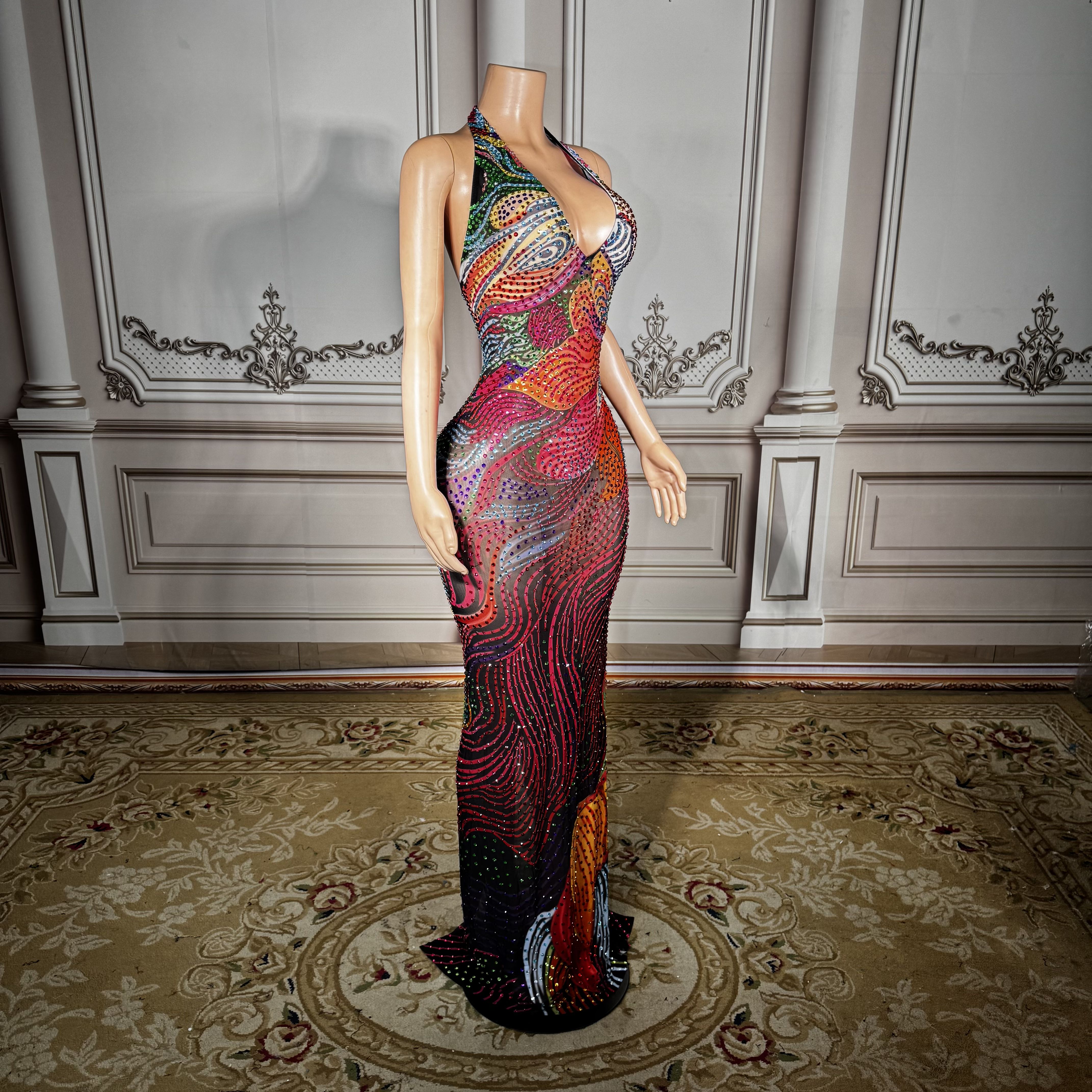 Robe longue sexy à imprimé floral, col en V profond, sans manches, dos nu, élégante pour femme
