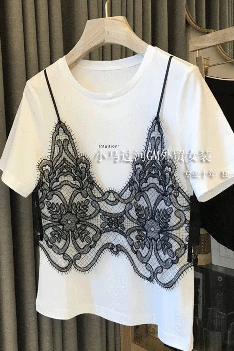 Économie décontractés en dentelle patchwotk pour femmes, vêtements coréens, t-shirts chics, faux deux t-shirts d'été, mode douce, Y2K