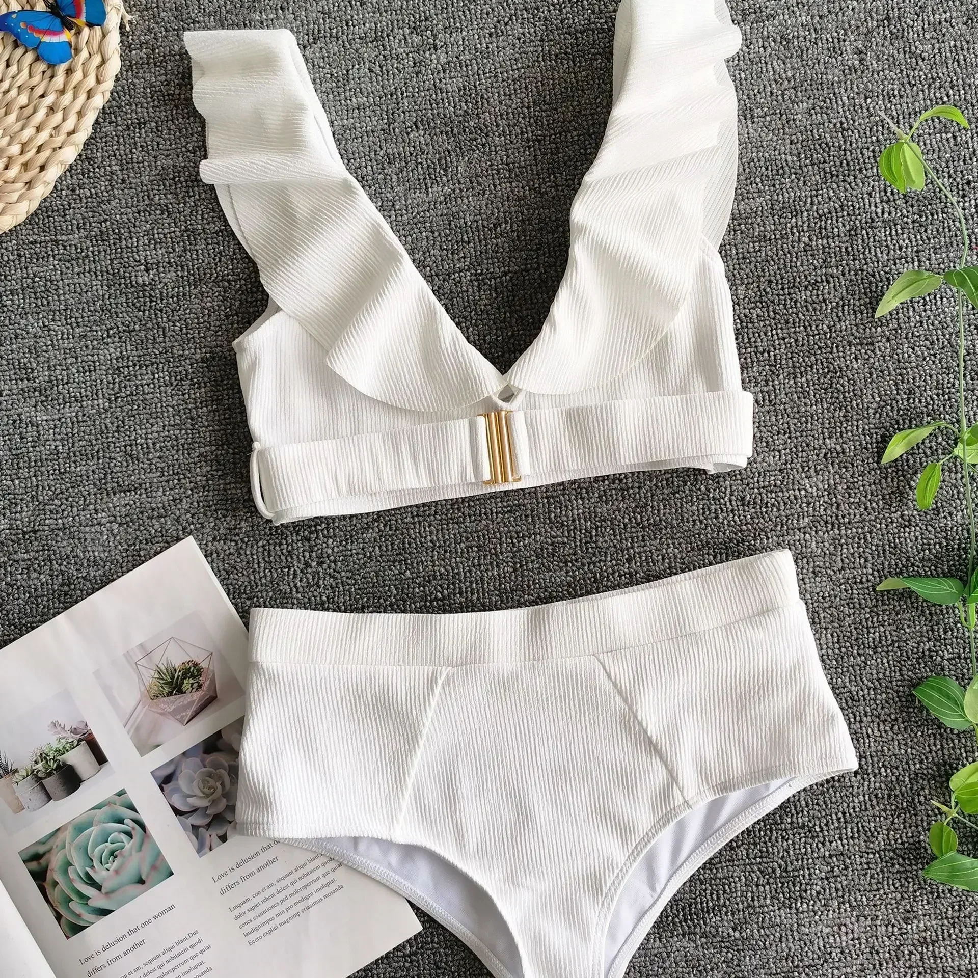 Nouveau Maillot de Bain Sexy Femme 2026 Blanc avec Volants, Col en V, Boucle Métallique, Taille Haute, Ensemble Bikini de Plage Push-Up