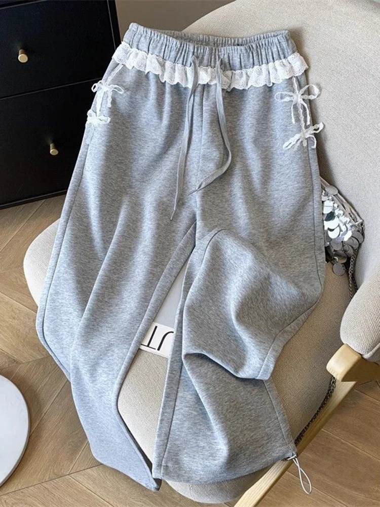 Pantalon de survêtement en dentelle grise pour femmes, taille haute, doux, mode coréenne, ample, élégant, assorti avec tout, jambes larges
