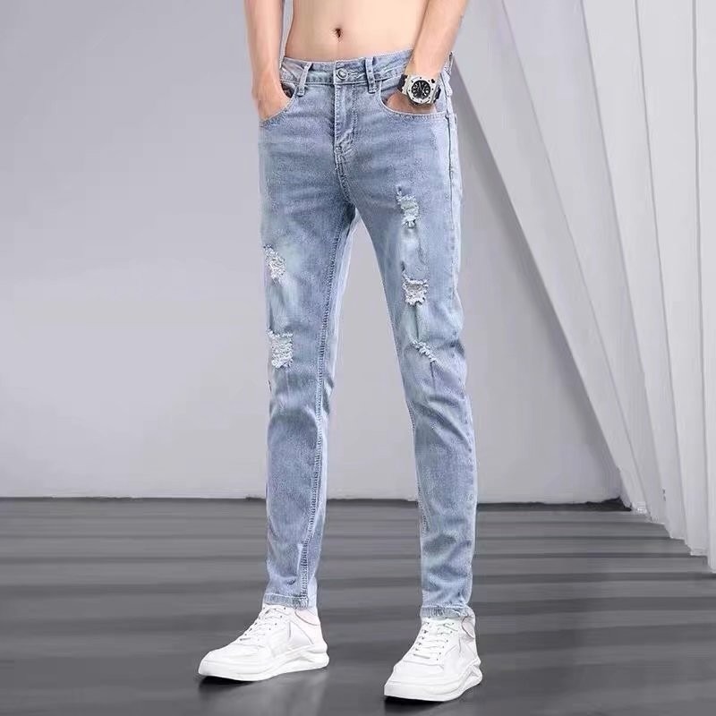 Jeans Homme Printemps-Été Déchirés Extensibles Coupe Slim Droite Affinée Décontractés Effet Vieilli Délavé Bleu Légers Doux Durables