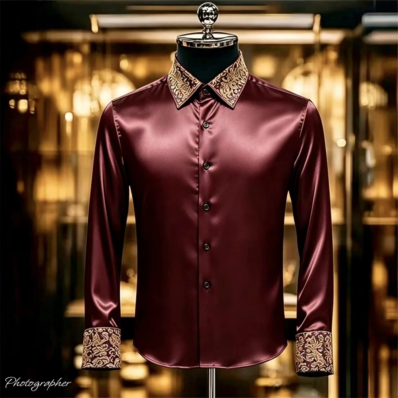 Chemise en satin de luxe pour homme avec col et poignets imprimés en 3D, chemise habillée à manches longues coupe ajustée, chemise en soie formelle pour mariage et soirée