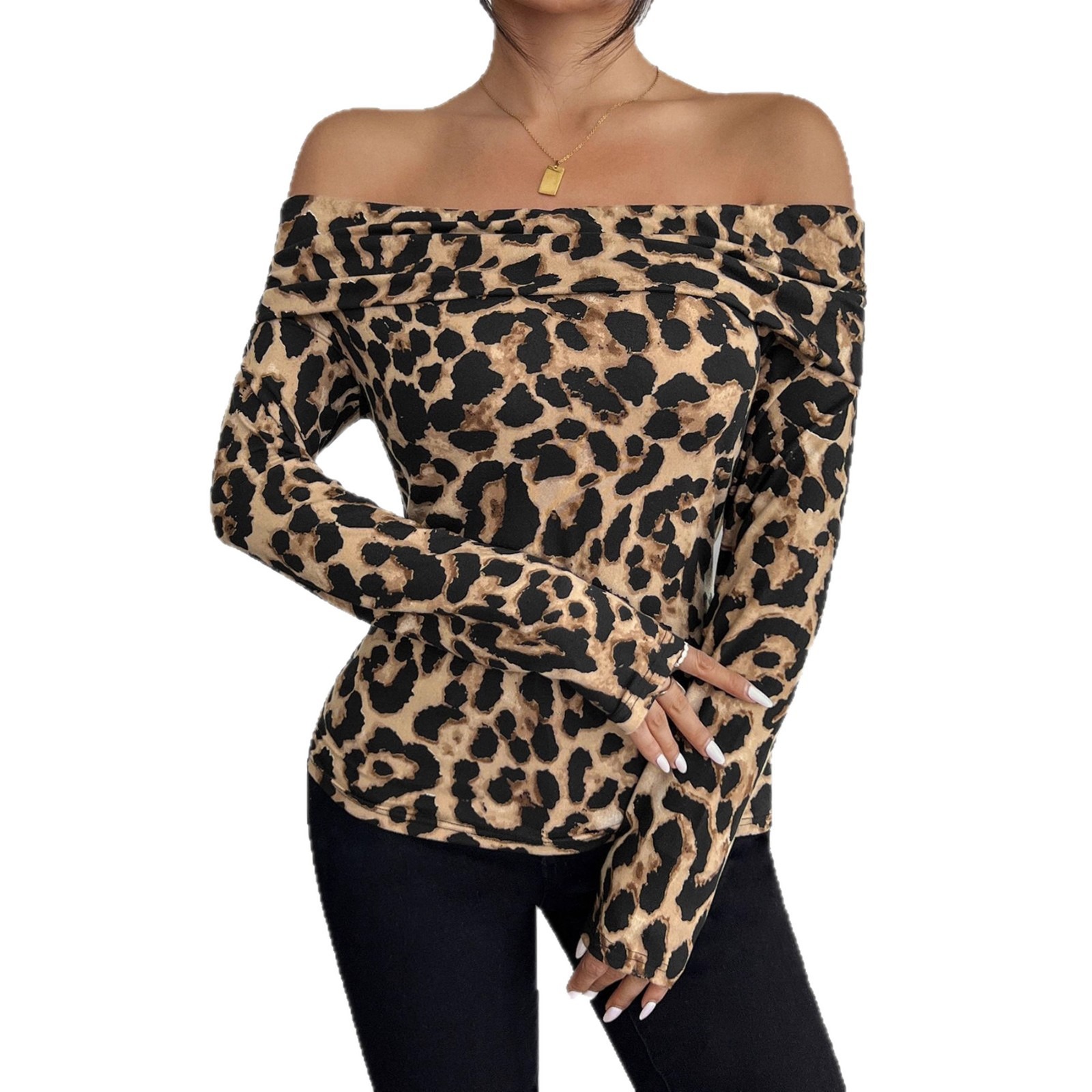 T-shirt à manches longues et épaules dénudées pour femme, sexy, imprimé léopard, nouvelle collection automne et hiver