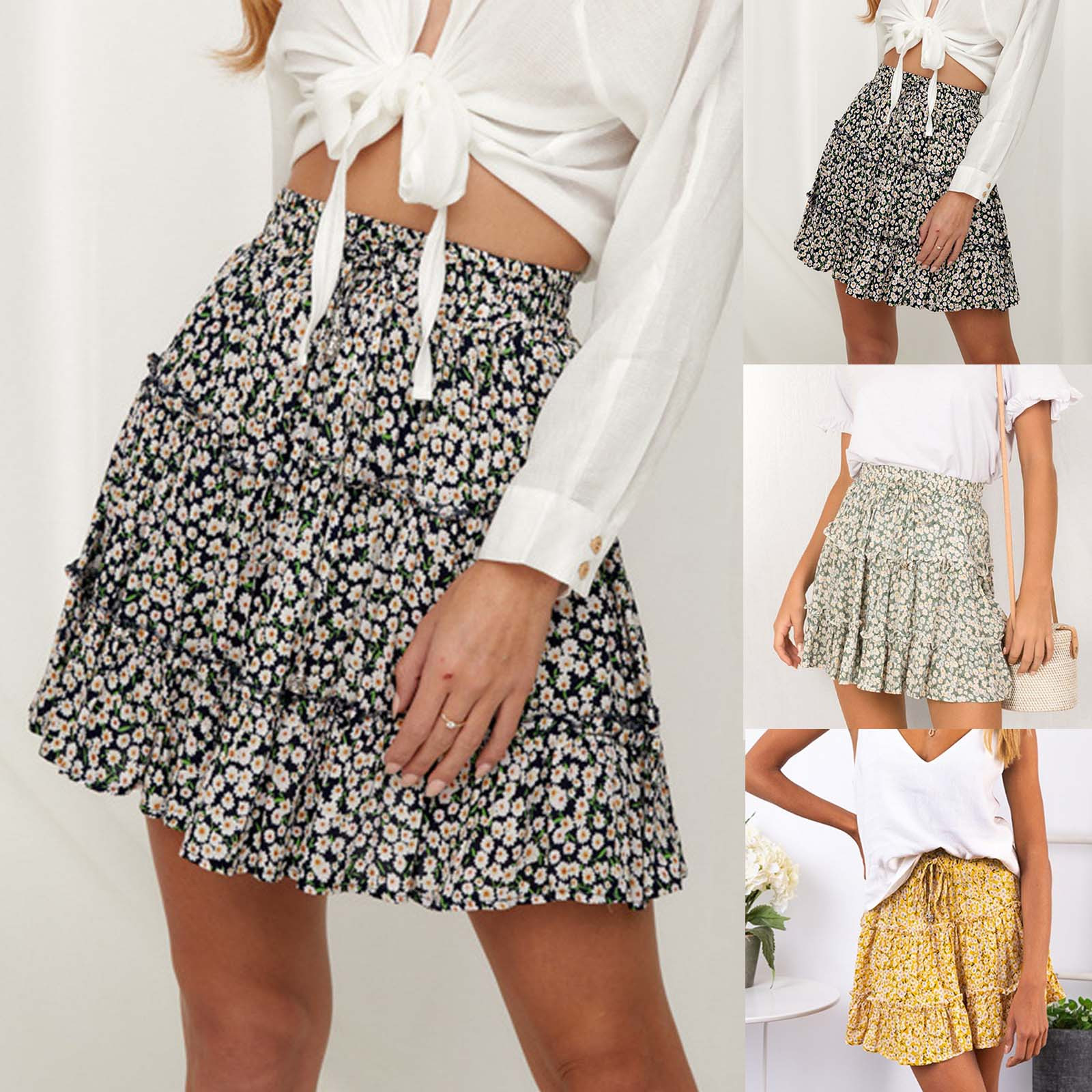 Jupe florale à volants taille haute pour femme, jupe trapèze imprimée, bas chic pour femme, décontracté, quotidien, streetwear, vacances, plage