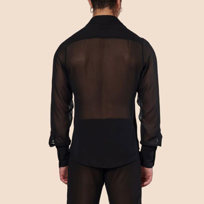 Vêtements pour hommes maille voir à travers maille Sexy chemise à manches longues couleur unie boutonné Vintage Streetwear rétro hauts de fête S-3XL