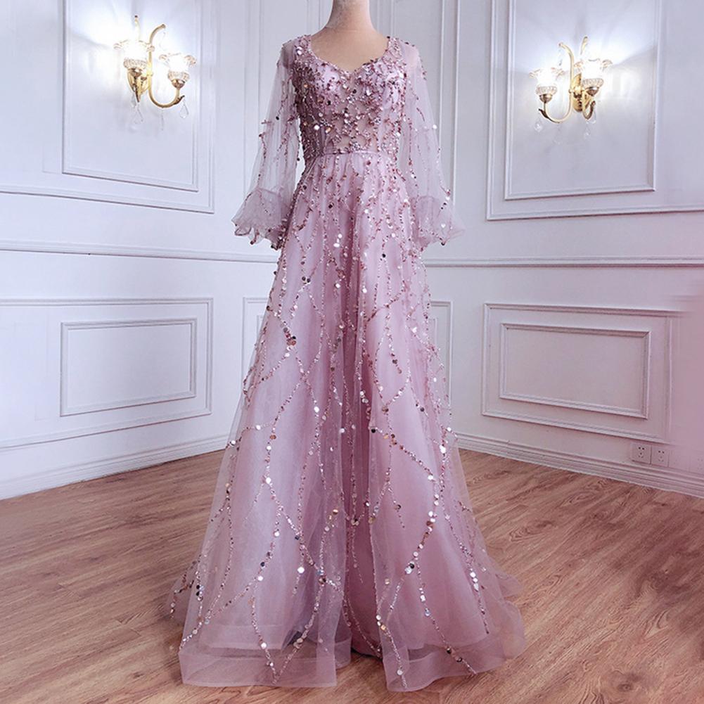 Robe de soirée pour femmes, manches lanternes, col en V, paillettes brillantes, ligne a, Double couche, longueur au sol, maille, robe de Cocktail, robe de bal