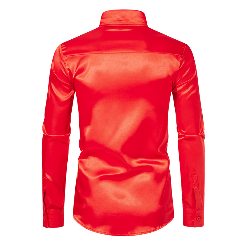 Chemise en satin à manches longues pour hommes, chemise habillée décontractée, bleu, orange, rouge, noir, blanc, jaune, fête de mariage, boîte de nuit, chemisier à la mode