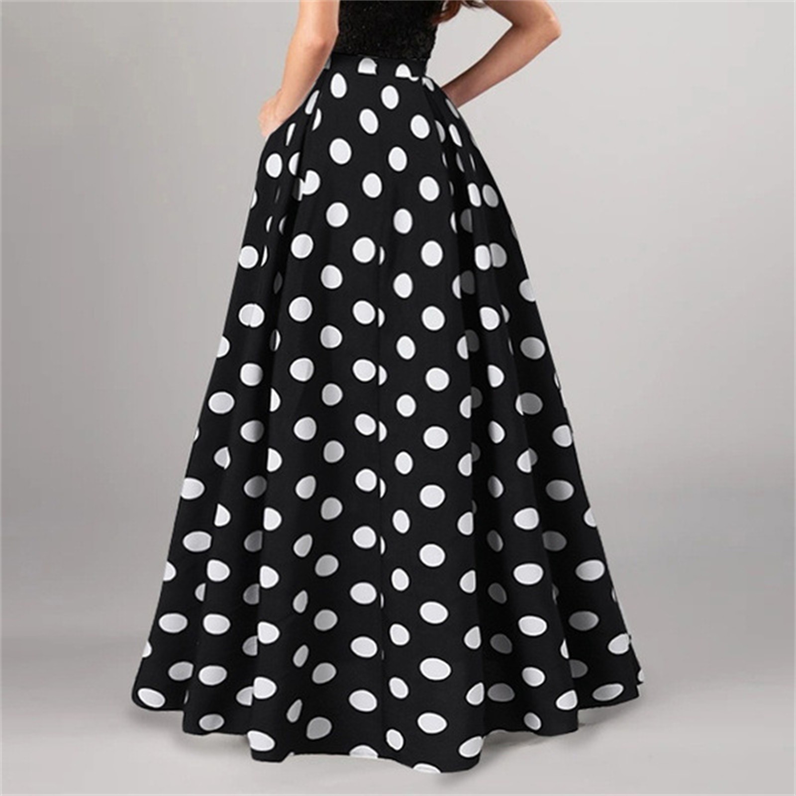 Jupe maxi plissée à pois pour femmes, taille haute, grande taille, bohème, élégante, trapèze, longue, mode