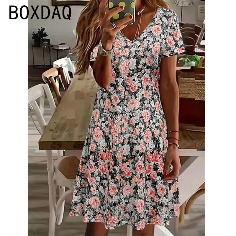 Vintage élégant imprimé fleuri a-ligne robe femmes été à manches courtes col en v plage tenue décontractée grande taille dame Simple robe de rue