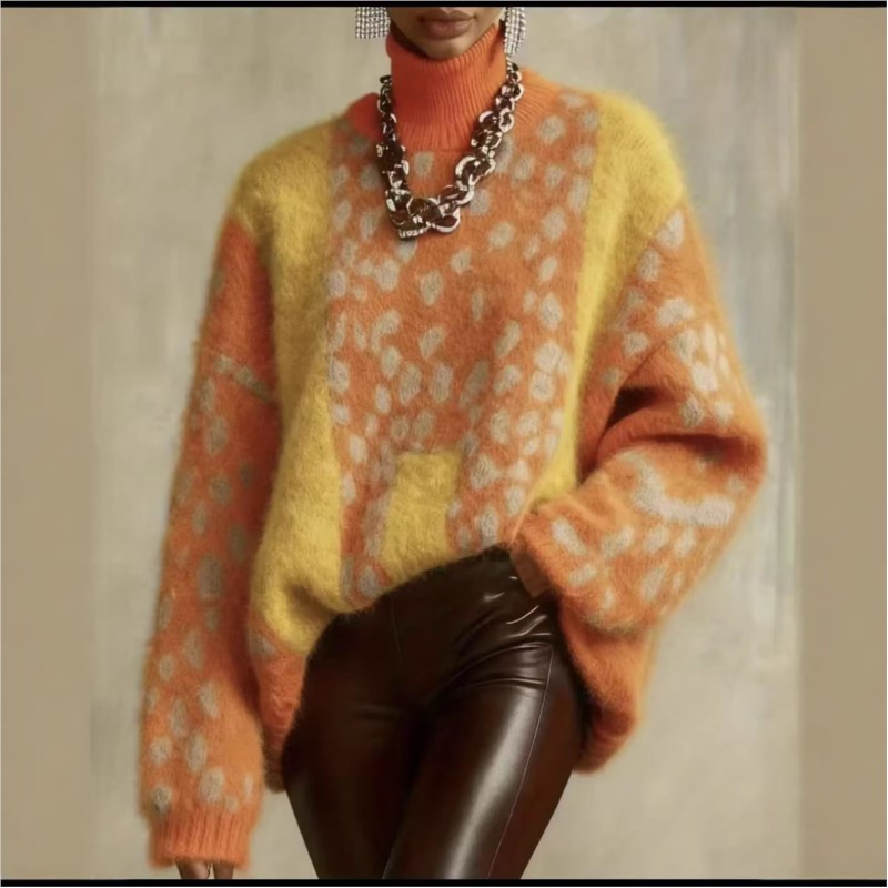 Pull en tricot à imprimé léopard décontracté pour femmes, pull épais et ample rétro pour l'automne et l'hiver