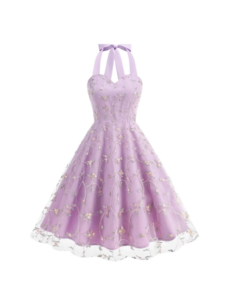 Robe mi-longue en maille brodée à imprimé Floral, mode d'été élégante, col licou, robes de soirée d'anniversaire à lacets