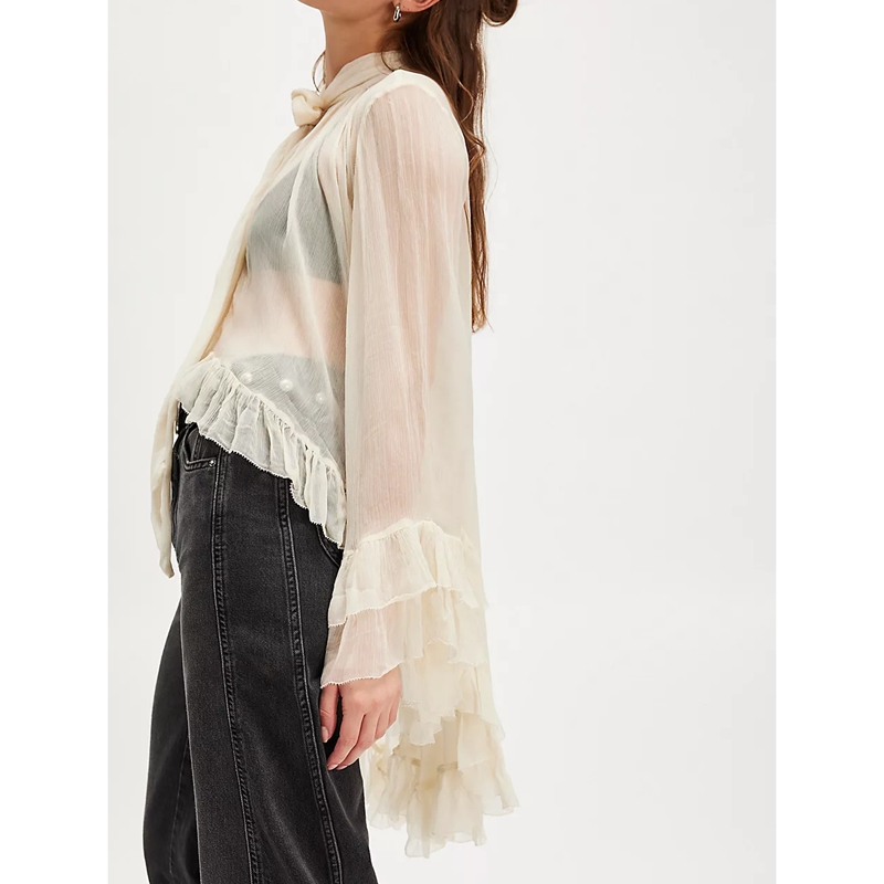 Femmes Chic irrégulière ourlet à volants Cape haut nœud noué cou chemises couleur unie voir à travers coupe ample à manches longues Blouses