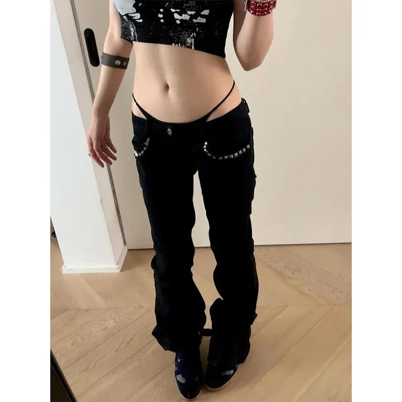 Jean évasé noir taille basse pour femme, style Gyaru, rétro américain, cyberpunk coréen, coupe trompette, Y2K, skinny, patte d'éléphant, nouveauté