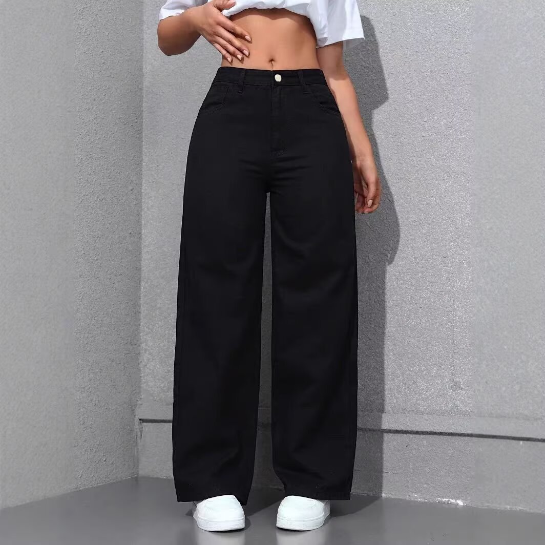 Jean droit taille haute couleur unie pour femme, coupe ample avec poches, idéal pour le quotidien et les tenues décontractées