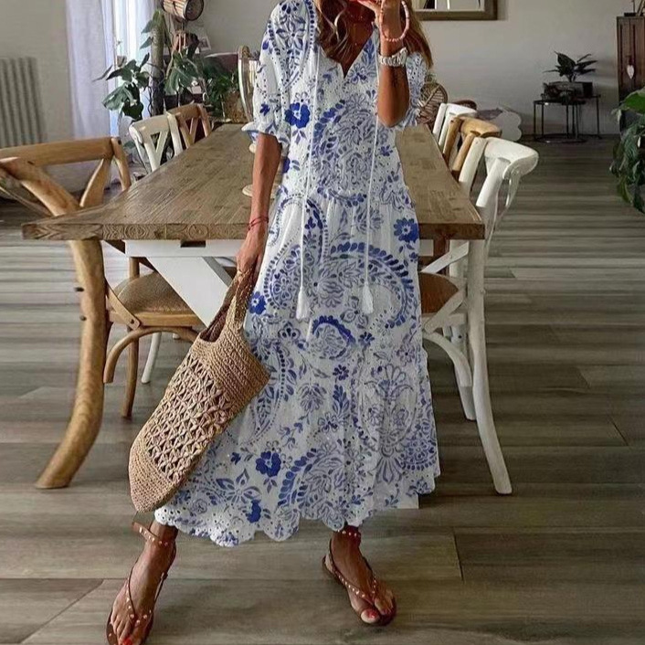 Robe longue à manches mi-longues pour femmes, ample, imprimé bohème, col en v, vêtements, nouvelle collection printemps été 2025