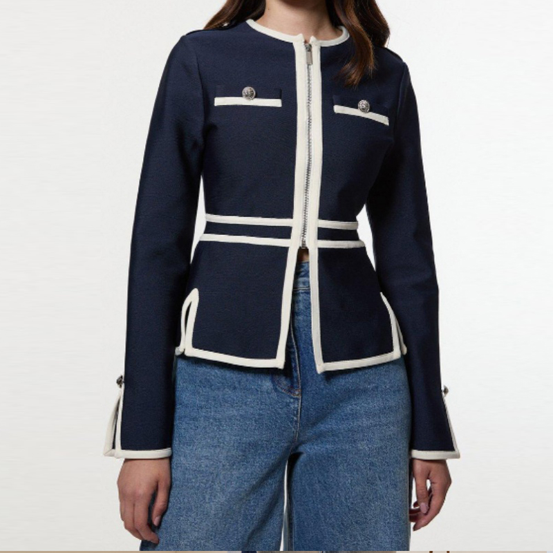 Vestes décontractées pour femmes Printemps 2026 – Manteaux d'hiver vintage à col rond, boutonnés, avec fermeture éclair et passepoil rayé pour le travail