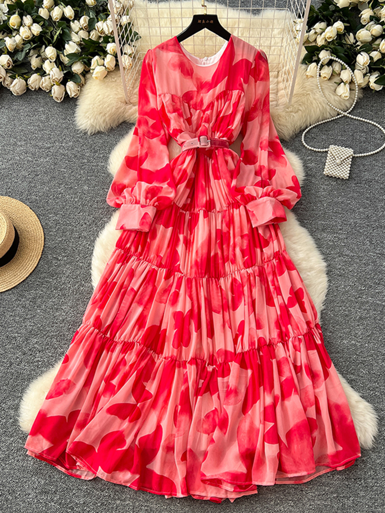 Robe longue imprimée à manches longues pour femmes, grande balançoire, mode française, Style plage, cintrée, col rond, Y01, printemps été