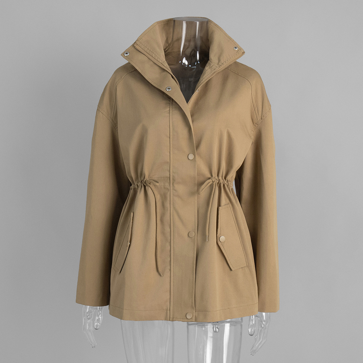 Femmes à la mode col montant simple boutonnage ceinture taille attaché coupe-vent automne décontracté Streetwear vestes pour les femmes