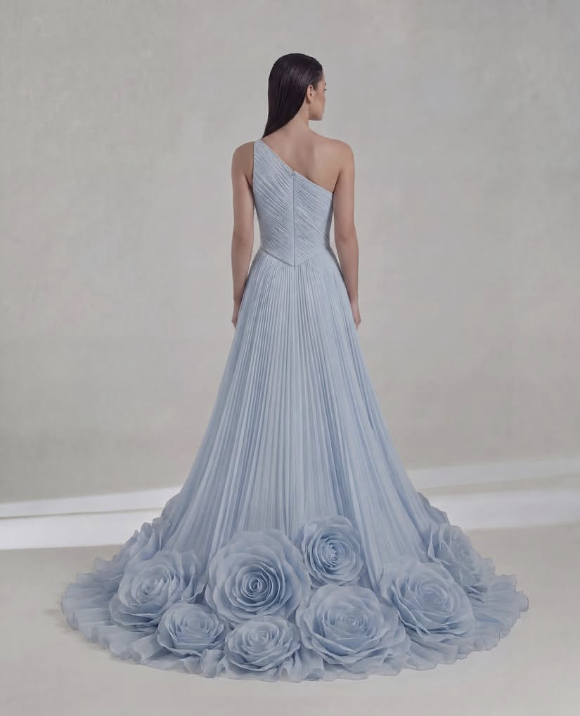Robes pour femmes bleu ciel, asymétriques à une épaule, coupe trapèze, magnifiques robes de bal, avec bas de robe à motifs floraux, plissées, longues robes de soirée, personnalisables