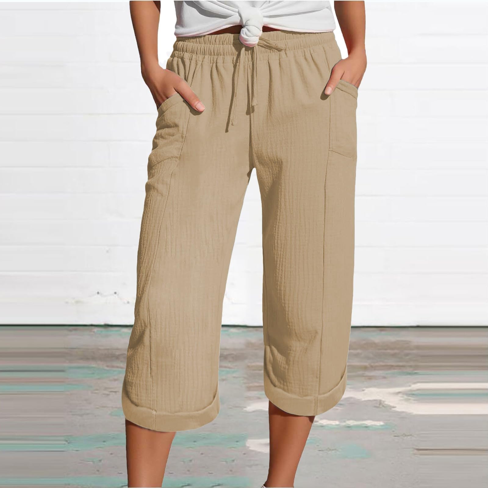 Pantalon en mousseline pour femmes, léger, en lin, avec poches, décontracté, ample, Capri, élastique, confortable, bas en tissu, 3/4