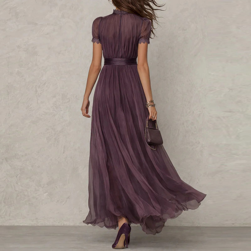 Robe longue plissée vintage en dentelle unie pour femme, col rond, taille haute, manches courtes, fluide, pour soirée, printemps-été